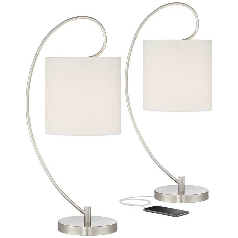 360 Lighting Modern Table Lamps Set of 2 with USB Charging Port 26" High Metal Arc White Drum Shade for Living Room Bedroom Bedside Office, 1 of 10