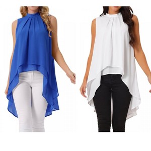 INSPIRE CHIC Women's Casual Tie Back Asymmetrical High Low Sleeveless Mock Neck Flowy Blouse 2 Packs - 1 of 4