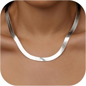 14K Gold/Silver Plated Herringbone Necklace for Women, Dainty Layered Choker Non-Tarnish - 1 of 4