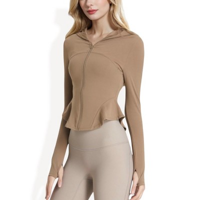 Anna-Kaci Active Women's Peplum Hem Active Zip-Up Jacket with Hood and Thumb Holes