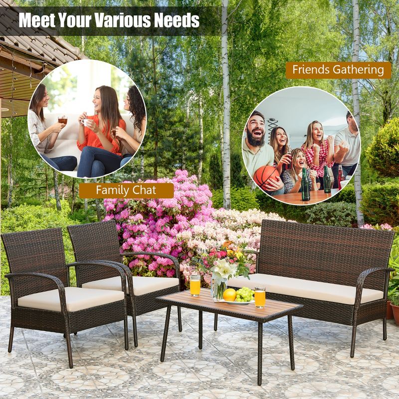 Costway 4PCS Patio Rattan Furniture Set Outdoor Conversation Set Coffee Table w/Cushions, 4 of 12