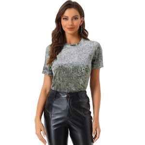 INSPIRE CHIC Women's Velvet Crew Neck Short Sleeve Casual Blouse - 1 of 4