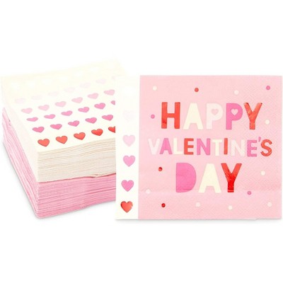 Sparkle and Bash 100 Pack Pink and Heart Themed Paper Napkins for Valentine Party Supplies (5x5 In)