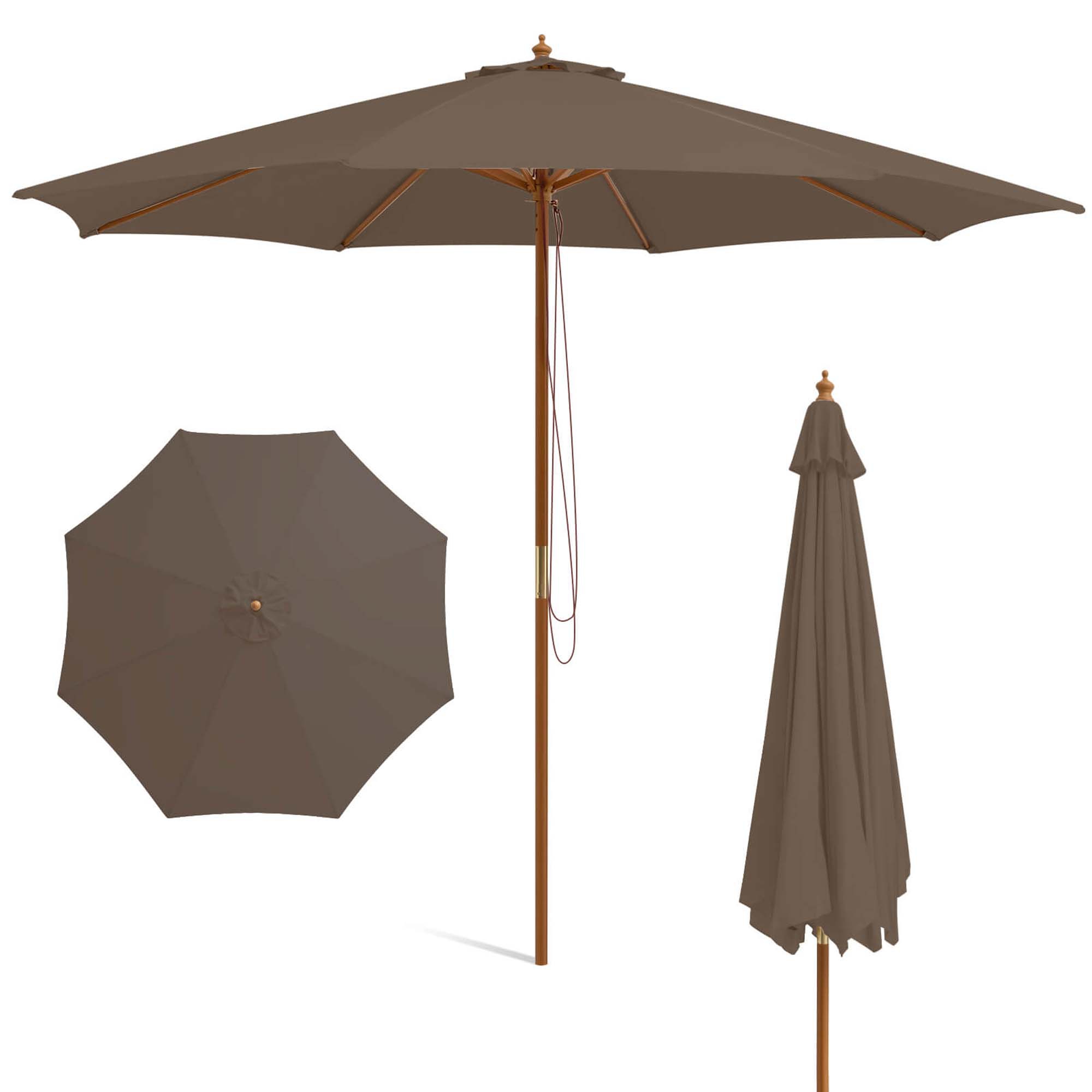 Costway 10FT Patio Wooden Market Table Umbrella Pulley with 8 Bamboo Ribs Sunshade Canopy Coffee