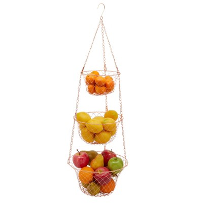 Juvale 3-Tier Hanging Wire Fruit Basket, 32 Inches Long (11 x 11 x 14.5 In, Rose Gold)