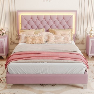 1pc Bed Frame Upholstered Velvet Platform with LED Headboard, No Box Spring Needed, Modern Design for Bedroom - Baofuwish