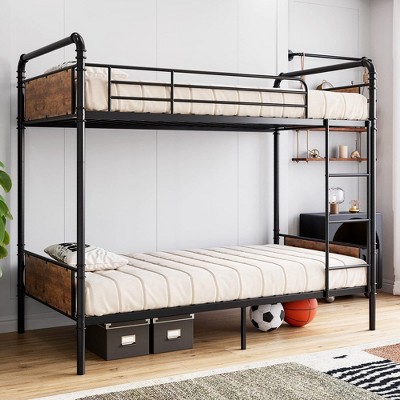 FCH Twin Over Twin Metal Bunk Bed – Convertible Twin Size Bed Frame With Built-In Ladder – Black