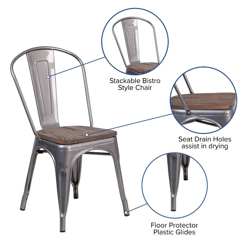 Flash Furniture Clear Coated Metal Stackable Chair with Wood Seat, 4 of 12