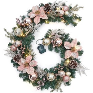 6ft Prelit Christmas Garland for Mantle, Battery-Operated Xmas Garland with 20 LED Lights & Timer, Rose Gold Balls Decor - 1 of 4