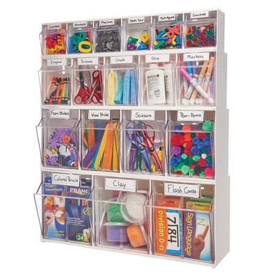 White Modular Interlocking Tilt Bin Storage System with Clear Bins