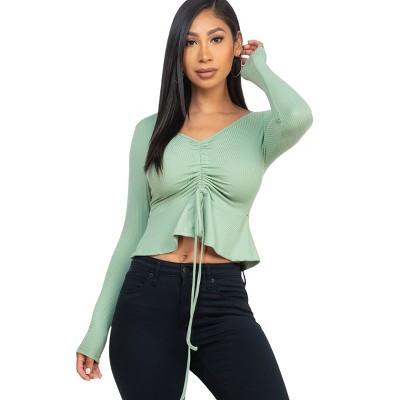 Slickblue Women's Ribbed Long Sleeve Peplum Top - Stretch Drawstring Shirt in Green Bay/Taupe, Size S-L