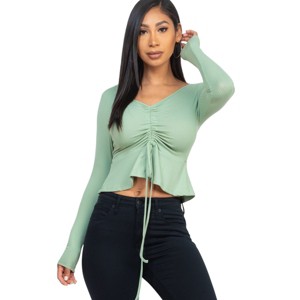 Slickblue Women's Ribbed Long Sleeve Peplum Top - Stretch Drawstring Shirt in Green Bay/Taupe, Size S-L - 1 of 4