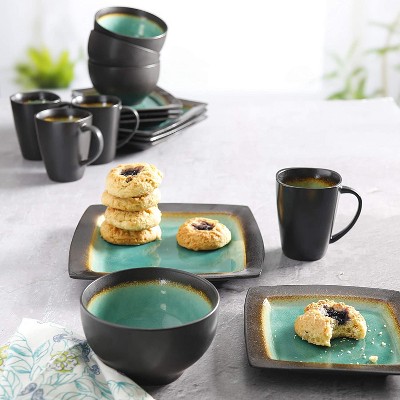 Green Floral Ceramic Square Dinnerware Set, Service for 4