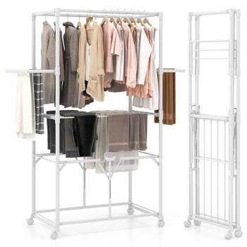 Costway Foldable Clothes Drying Rack 68.5" Aluminum Laundry Rack with Hanging Rods & Drying Shelves Universal Wheels with Brakes