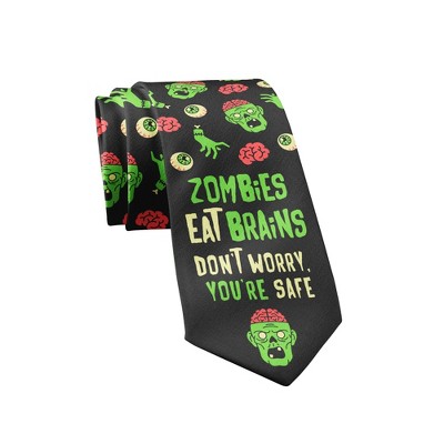 Crazy Dog T-Shirts Zombies Eat Brains Don't Worry You're Safe Necktie Funny Neckties for Men Halloween Tie Mens Novelty Neckties