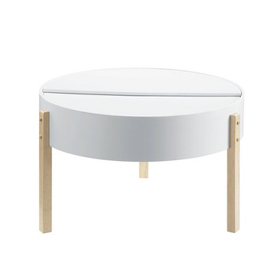 Round White and Natural Wood Coffee Table with Storage