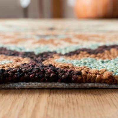 Beige and Green Floral Hand-Hooked Rectangular Rug