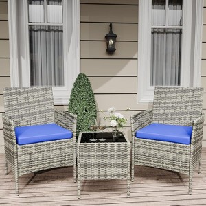 3-Piece Patio Furniture Set, PE Rattan Chairs w/ Soft Cushions & Glass Coffee Table - Outdoor Conversation Set for Garden, Deck, Poolside, Grey/Blue - 1 of 4