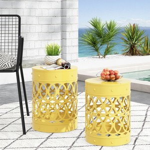 VisioGear Patio End Tables, 2-pcs Patio End Tables, Indoor Outdoor Nesting End Carved Trellis Design Side Table, Yellow, 13.75"*13.75"*18" - 1 of 3