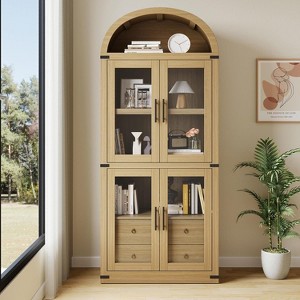 71.4in Arched Bookshelf, Farmhouse Bookcase with Doors and Drawers, Wooden Display Cabinet Rounded Bookcases for Living Room, Kitchen, Office - 1 of 4
