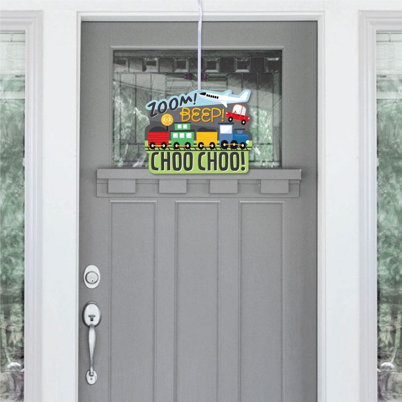 Big Dot of Happiness Cars, Trains, and Airplanes - Hanging Porch Transportation Birthday Party Outdoor Decorations - Front Door Decor - 1 Piece Sign, 2 of 9