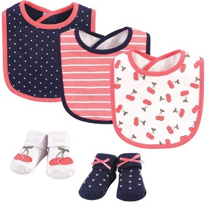 Hudson Baby Infant Girl Cotton Bib and Sock Set 5pk, Cherry, One Size - 1 of 2