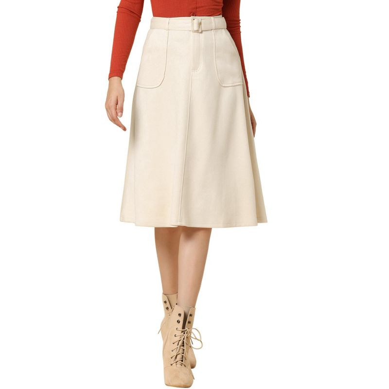 Allegra K Women's Casual Faux Suede Pockets Stretch A-line Midi Skirt with Belt, 1 of 6