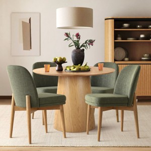 5-Piece Round Dining Table Set, 42'' Oak Pedestal Table with 4 Linen Dining Chairs, Solid Wood Legs, Kitchen or Apartment Furniture-Maison Boucle - 1 of 4