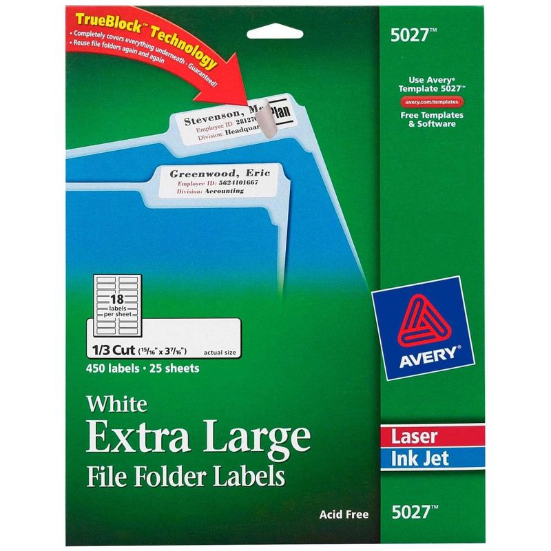 Avery Printable File Folder Labels, 15/16 x 3-7/16 Inches, White, Pack of 450, 1 of 3