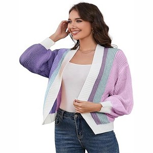 Clearlove Women's Colorblock Ribbed Knit Cropped Cardigan Long Sleeve Open Front Button Up Lightweight Layering Piece - 1 of 4
