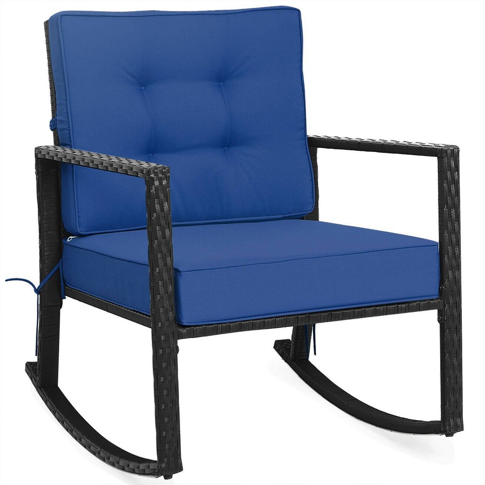 Photos - Garden Furniture Outdoor Rattan Rocking Chair with Cushion - Navy - WELLFOR
