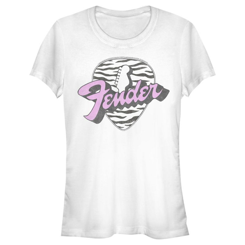 Juniors Womens Fender Tiger Print Guitar Pick Logo T-Shirt, 1 of 5