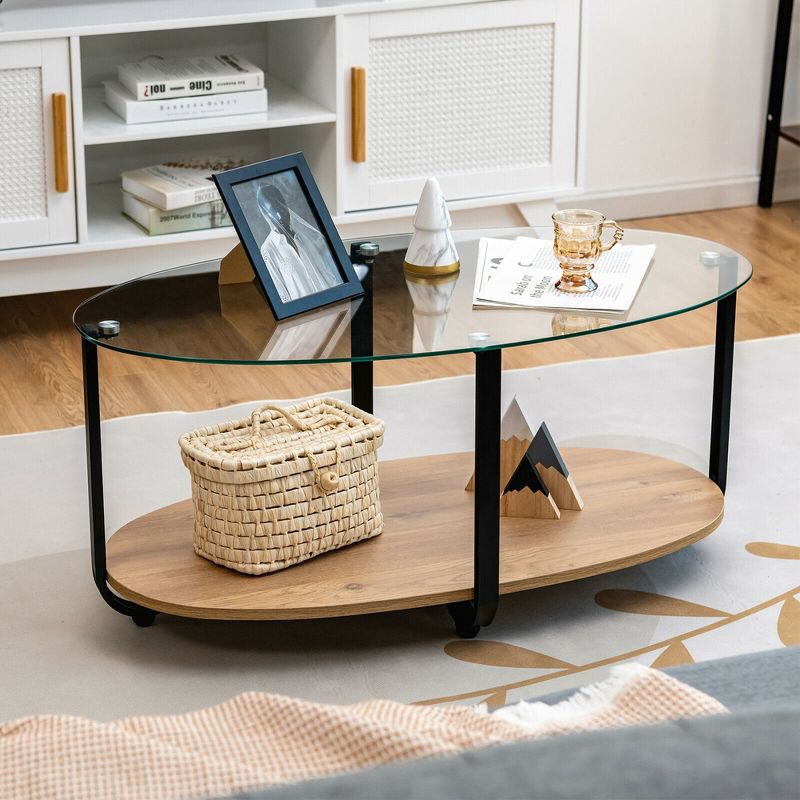 Costway Glass-Top Coffee Table 2-Tier Modern Oval Side Sofa Table w/ Storage Shelf, 2 of 13
