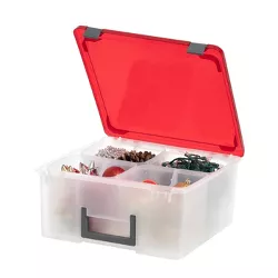 IRIS USA 26.7 Qt. Portable Divider Holiday Storage Bin, 4-Compartment Container Tote, Clear/Red