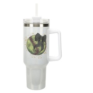 Elanze Designs 40 Ounce Stainless Steel Double Wall Insulated Glitter Travel Tumbler With Handle, Straw, and Lid, Softball With Black Bow White - 1 of 1
