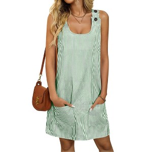 Women Mini Tank Dress U-Neck Sleeveless Striped Button Summer Sundress with Pocket Casual Beach Dresses - 1 of 4