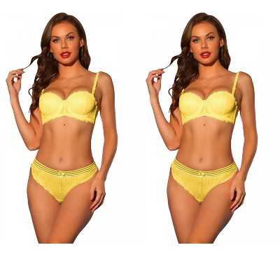 Allegra K Women's Lace Balconette Underwire Bras Padded Bra and Panty Set 2 Packs