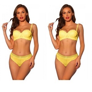 Allegra K Women's Lace Balconette Underwire Bras Padded Bra and Panty Set 2 Packs - 1 of 4