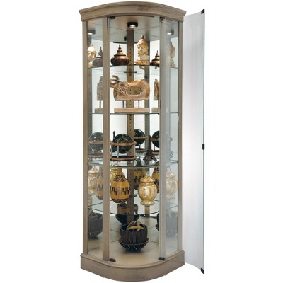 Aged Gray Lighted Corner Curio Cabinet with Glass Shelves