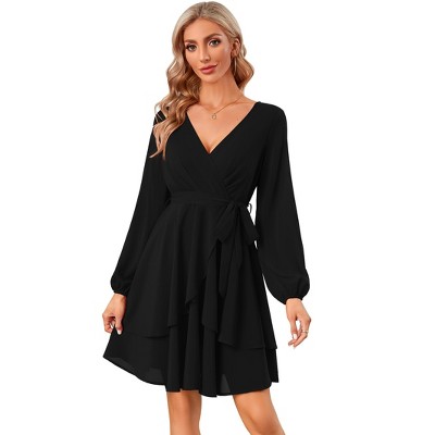 Elegant Dress for Lady Wrap Deep V Neck Dress Long Lantern Sleeve Waist Tie Skater Dress
