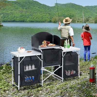 Maggift patio side table, portable camping table with windshield, 4 tabletops, 3 cabinets suitable for camping, picnic, black, 68.5"*18"*43.75"