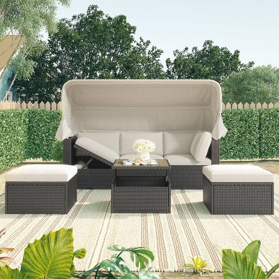 4pc Outdoor Wicker Rectangle Daybed With Canopy Cushions Beige