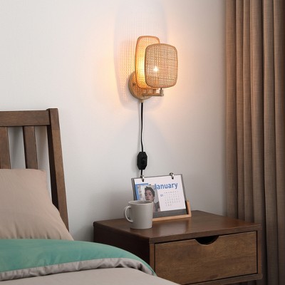 Natural Woven Bamboo Plug-in Wall Sconce with Dimmer