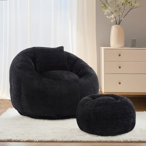 MOONMISS Modern Extra Large Round Bean Bag Chair with Footrest for Living Room, Chenille Fabric Lazy Sofa with Pillow for Adults,Black - 1 of 4