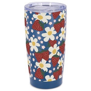 Elanze Designs 20 oz Stainless Steel On the Go Insulated Travel Tumbler With Push Top Lid, Strawberry & Daisy Print Blue - 1 of 4