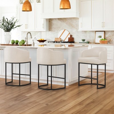 Arceso 3pcs Counter Height Bar Stools, Modern Counter Stools Upholstered Barstools, with Curved Backrest and Arms, Ivory white