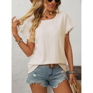 Coolmee Womens Summer Ruffle Short Sleeve Tops Crewneck Hollow Out T Shirts Casual Blouses - 1 of 4