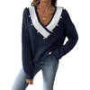 Clearlove Women's Color-Block Pearl Embellished Sweater - Deep V-Neck Drop Shoulder Pullover - 2 of 4