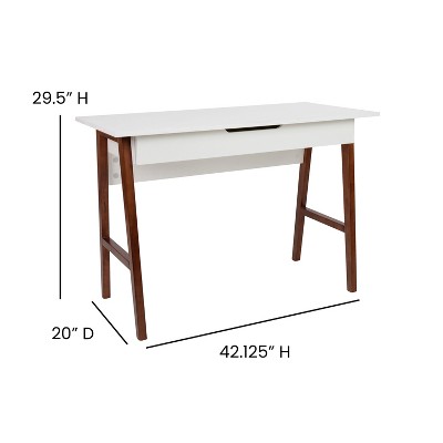 White Laminate Top Writing Desk with Walnut Frame and Drawer