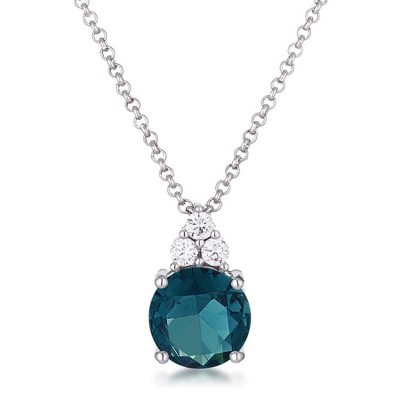 ShineHigh Simple Blue Green CZ Pendant Necklace in Rhodium or Rose Gold Plated Finish – 9mm Round Stone with Trio Cubic Zirconia Accents